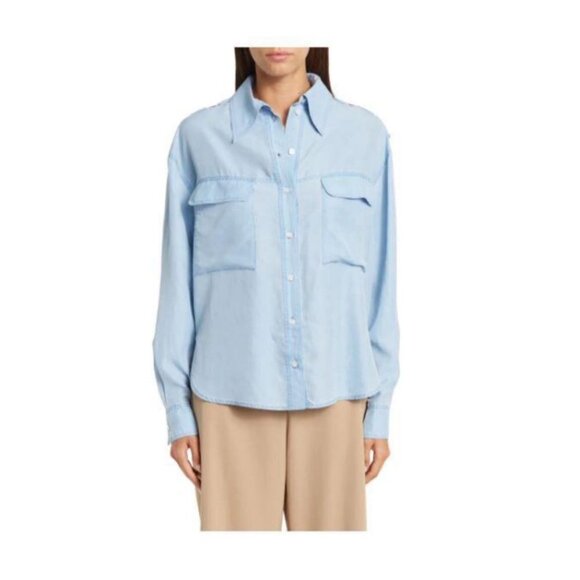 Stella McCartney Womens Blue Silk Collared Long Sleeve Button Blouse Sz 10 New - Picture 1 of 13